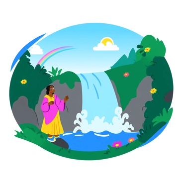 A figure named "Maveli" stands at the base of a "majestic waterfall," gazing upwards with expression of awe. The waterfall cascades down from a rocky cliff, surrounded by vibrant green foliage and colorful wildflowers. Sunlight streams through the mist created by the falling water, creating a shimmering effect. Maveli is dressed in traditional clothing, with flowing fabric that moves gently in the breeze. The scene is filled with a sense of wonder as water splashes against rocks, and a rainbow forms in the mist.