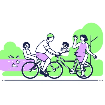 A man is riding a bicycle along a riverside path. He is wearing a casual t-shirt and shorts, with a green helmet on his head. Beside him, a woman is riding a bicycle, wearing a pink dress, and laughing. In a child seat on the back of the man's bicycle, a little girl with curly hair is happily waving her hands. The path is bordered by trees, and the river flows gently beside them, reflecting the scenery. In the background, a family of ducks is swimming in the river.
