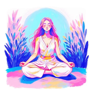 A person is seated in a lotus position on a smooth surface. They have long hair flowing gently, and they are wearing flowing white clothing. Their eyes are closed, and their expression is tranquil. Surrounding them is a soft, calm blue aura radiating outward. In the background, there are subtle hints of greenery, suggesting a peaceful natural setting.