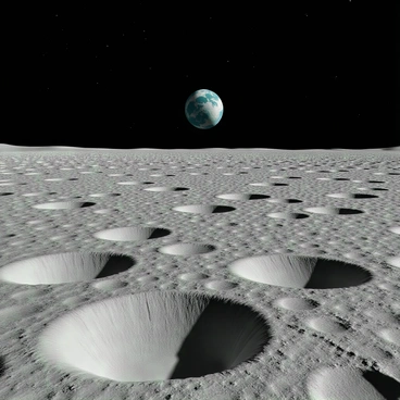 A vast alien lunar landscape, characterized by rugged terrain and numerous deep craters scattered across the surface. The ground is a mix of gray and silver tones, reflecting the strange qualities of the alien environment. In the distance, the Earth is visible, rising majestically on the horizon, appearing as a vibrant blue and green orb against the blackness of space. The sky is dotted with distant stars, providing a stunning contrast to the desolate landscape below. Shadows from the craters stretch across the surface, creating a dramatic interplay of light and dark.