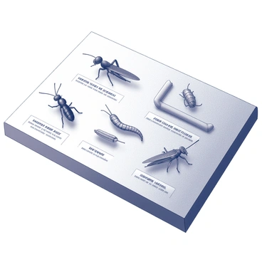 A large board display featuring various insects arranged in an organized manner. Each insect is mounted on a small platform, showcasing its details. The display includes an ant, a grasshopper, a worm, and a cricket. Each insect is labeled with clear descriptions that include its name and key characteristics. The labels are neatly placed below each specimen, ensuring easy readability. The overall presentation is informative and visually engaging, providing a comprehensive view of the different insects used as bait.
