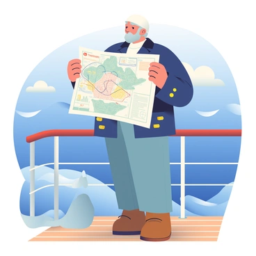 A captain with a weathered face and salt-and-pepper beard is standing on the deck of a blue yacht. He is wearing a white captain's hat and a navy blue jacket with gold buttons. In his hands, he holds an unfolded nautical chart, which features detailed lines and symbols indicating various maritime routes. The yacht's polished wooden deck is visible beneath his feet, and the sunlight reflects off the water, casting soft ripples nearby. In the background, the ocean stretches out with faint waves, and a clear blue sky can be seen overhead.