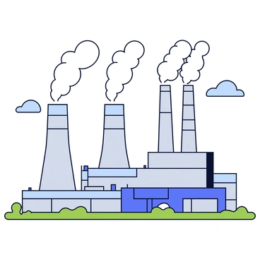 A natural gas power plant with several tall chimneys. The chimneys are emitting white steam that rises into the sky. The plant features large industrial structures with a mix of silver and gray surfaces. Surrounding the plant are patches of green grass and a few shrubs. The sky above is mostly clear with a few fluffy clouds.