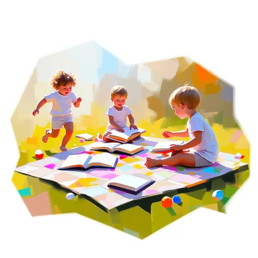 A handmade quilt with a colorful patchwork design is spread out on lush green grass. The quilt features various fabric patterns, including floral prints and geometric shapes. Two children are playing nearby, one child with curly hair running joyfully while the other, with straight hair, is seated on the quilt. This seated child is engrossed in a book, holding it in both hands under the warm sunlight. Scattered around the quilt are a few more books, some open, and a small toy lying on the grass. The scene captures a vibrant moment of leisure and joy in a sunny outdoor setting.