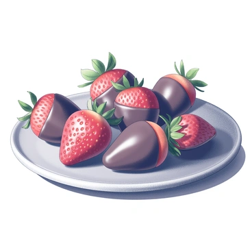 A round platter is filled with strawberries that are entirely dipped in glossy chocolate. The strawberries are plump and fresh, with their green leaves still attached. The chocolate coating shines under the light, highlighting its smooth texture. The platter is positioned on a simple, clean surface, allowing the vibrant red of the strawberries and the dark chocolate to stand out prominently.