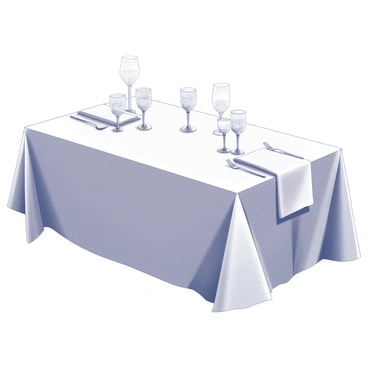 A dining table set for a meal. The table is covered with a pristine white tablecloth that drapes elegantly over the sides. Atop the table are several crystal glasses, reflecting light with their intricate designs. Each place setting includes an elegant fourchette, placed neatly beside a folded napkin. The arrangement is thoughtfully designed, with the glasses and cutlery positioned symmetrically to create a formal dining atmosphere.