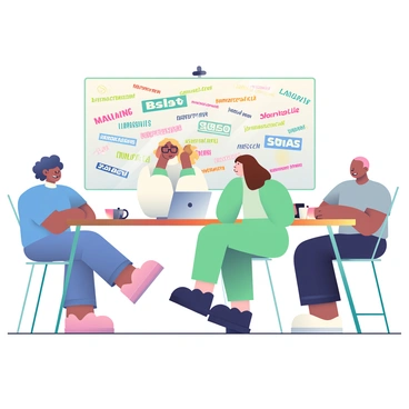 An editor with light brown hair is sitting at a rectangular wooden table in a meeting room. She is wearing a white blouse and black glasses, looking thoughtfully at a notepad filled with ideas. Around the table, three colleagues are engaged in the brainstorming session. One colleague has short curly hair and is wearing a blue shirt, while another has long straight hair and is dressed in a green sweater. The third colleague, with a shaved head, is wearing a gray t-shirt. A large whiteboard at the front of the room displays various colorful headline ideas scribbled in different handwriting. A cup of coffee sits next to the editor on the table, along with a laptop that is open to a document. The atmosphere is focused as they collaborate on creating the best headline ideas.