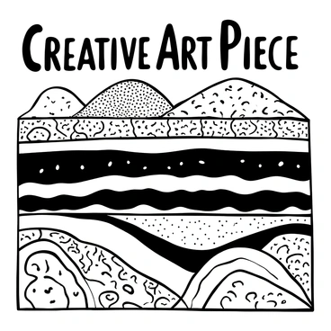 A large, abstract design composed of various sediment layers, intricately arranged in distinct bands. Each layer displays unique textures and patterns, showcasing the natural formation of sediments. The layers create a sense of depth and dimension, illustrating the geological history of the materials. The words "Creative Art Piece" are prominently featured at the top, boldly contrasting against the textured landscape below.
