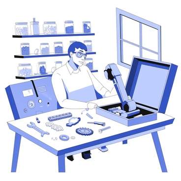An inventor is seated at a workbench in a cluttered workshop, surrounded by various robotic parts and tools. The inventor has short hair and is wearing protective goggles. On the workbench, there are scattered gears, wires, and circuit boards alongside a partially assembled robot arm. In the background, shelves are filled with jars containing small screws and more robotic components. A large, open toolbox lies to one side, showcasing various tools like pliers and screwdrivers. Dim light filters through a window, creating shadows across the workshop.