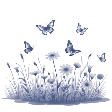 A variety of butterflies with distinct wing patterns are fluttering around a diverse array of blooming flowers. The meadow is filled with tall grass and flowers in different stages of bloom, showcasing intricate details of petals and leaves. The sunlight creates subtle shadows on the ground, casting soft shapes around the floral arrangements. The scene captures the dynamic movement of butterflies as they dance from one flower to another.