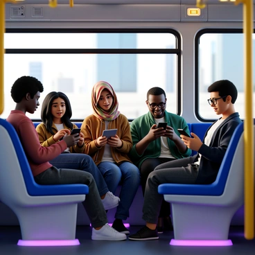 A diverse group of commuters is seated inside a modern, smart bus. The commuters include individuals of various ethnic backgrounds, including a Black woman with curly hair, a Hispanic man with short hair, a Middle-Eastern woman wearing a colorful scarf, and an Asian man with glasses. Each individual is engaged with their devices; the Black woman is using a tablet, the Hispanic man is scrolling through his smartphone, the Middle-Eastern woman is typing on her tablet, and the Asian man is looking at his smartphone. The bus interior features sleek, contemporary seating and bright LED lights, creating a vibrant atmosphere. The windows display a blurred view of a cityscape outside.