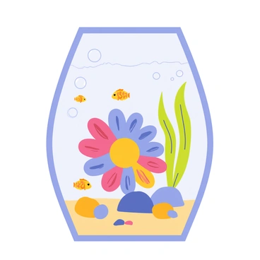 A colorful anemone with vibrant tentacles in shades of blue, pink, and yellow is positioned prominently in the center of a clear glass aquarium. The aquarium is filled with sparkling clean water, and a sandy bottom is visible underneath. Small pebbles and smooth stones in various colors are scattered around the anemone, creating a natural habitat. Several small fish with bright patterns swim gracefully around the anemone, adding liveliness to the scene. Bubbles rise gently in the water, and soft green seaweed sways in the current, enhancing the aquatic environment.