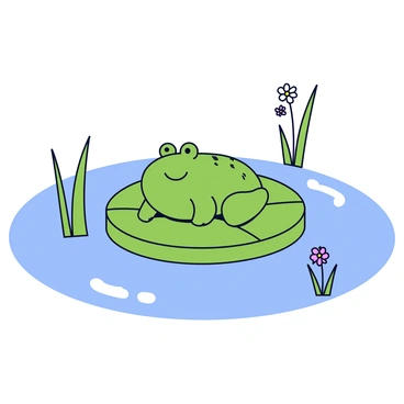 A green frog with smooth skin is casually sitting on a round lily pad that floats on a calm pond. The lily pad has a slightly textured surface and vibrant green color. Surrounding the pond are a few tall grasses and small wildflowers adding natural detail. The water of the pond reflects the blue sky above, while a few gentle ripples can be seen around the edges of the lily pad.