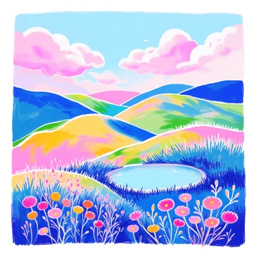 A landscape features rolling hills covered in lush green grass. The sky is filled with soft pastel colors, including light pink, lavender, and baby blue. Whimsical clouds float serenely across the horizon, with some resembling cotton candy shapes. In the foreground, a tranquil pond reflects the sky's hues. A cluster of wildflowers in varied colors grows nearby. A gentle breeze can be imagined as it sways the flowers slightly.