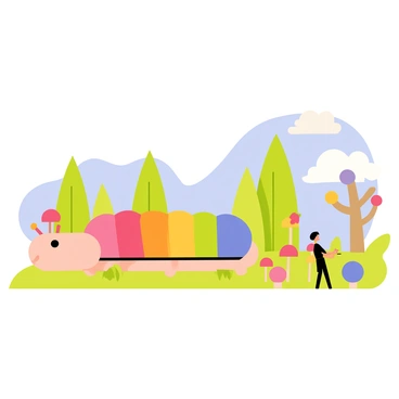 A "playful" scene featuring a "rainbow-striped caterpillar" inching through a "miniature world." The caterpillar has vibrant stripes of red, orange, yellow, green, blue, and purple. Surrounding the caterpillar are tiny flowers with large, colorful petals and small, round mushrooms in various sizes. In the background, there are oversized blades of grass and a bright blue sky dotted with fluffy white clouds. A small, whimsical tree with colorful fruit can be seen nearby, adding to the charm of the miniature world.
