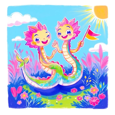A friendly cartoon hydra has three oversized heads, each displaying cheerful expressions. The heads are vibrant and colorful, with bright eyes and wide smiles. The hydra's body is covered in smooth, shiny scales in shades of green and blue. Each head is waving happily, with one of them holding a small, colorful flag. The creature stands on a grassy patch dotted with bright flowers. In the background, there are fluffy clouds in a blue sky and a shining sun.