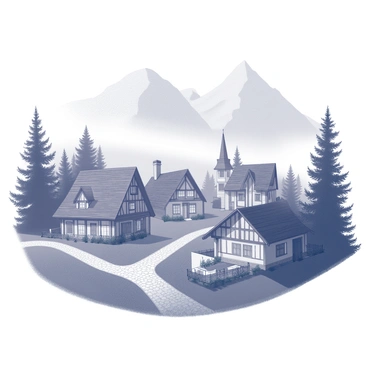 A village nestled among the peaks of a mountain range. The structures are made of timber and stone, with steep, sloping roofs that blend into the surrounding landscape. The village is partially obscured by a thick layer of mist, creating an atmosphere of mystery. Tall evergreen trees surround the village, their silhouettes soft against the fog. Cobblestone paths wind between the houses, and faint outlines of small gardens can be seen. The scene conveys a sense of tranquility and seclusion, as if the village is a secret haven hidden from the outside world.