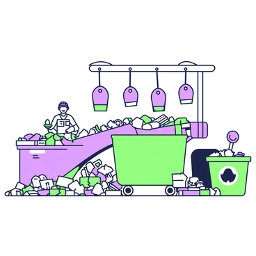 A recycling center filled with various waste materials. In the center, there is a large conveyor belt carrying a mixture of items, including plastic, paper, and metal. Above the conveyor belt, there are several industrial-strength magnets suspended from a framework, actively sorting out shiny metal objects. Workers in safety gear are operating the machinery, observing the sorting process. To the side, there are bins labeled “Metal,” “Plastic,” and “Paper,” each filled with the corresponding recycled materials. Various metal items are separated and piled up next to the “Metal” bin, glinting under the bright overhead lights.