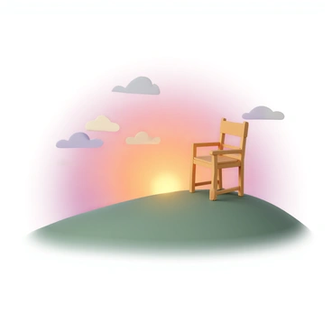 An empty wooden chair, positioned on a grassy hill, facing a vibrant sunset. The sky is painted with hues of orange, pink, and purple, while the sun slowly descends on the horizon. Silhouetted clouds add texture to the scene. A gentle breeze rustles the grass around the chair, which is slightly worn, suggesting it has been used often. The atmosphere is serene, evoking a sense of nostalgia as the lingering memory of someone who once sat there is felt in the air.