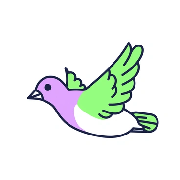A bird is depicted in mid-flight, with its wings fully spread as it soars through the air. The bird's body is shown in intricate line art, showcasing detailed feathers on the wings and tail. The head is slightly turned, revealing a sharp beak and bright eyes that capture attention. The background is minimal, allowing the focus to remain on the bird's elegant form and the detailed line work that defines its feathers.