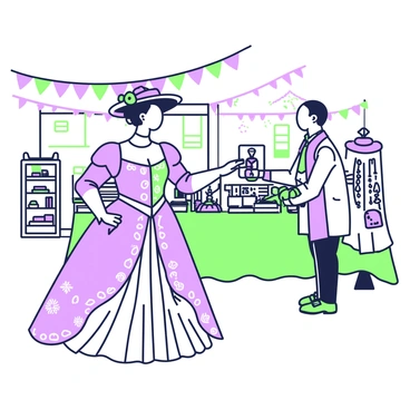 An anion character with a slightly translucent appearance is standing at a vintage fair. The character is adorned in historical clothes, featuring a detailed, flowing gown with intricate patterns. The gown is complemented by a wide-brimmed hat adorned with ribbons and flowers. Surrounding the character, there are various stalls with vintage items, such as old books, antiques, and handmade crafts. In the background, colorful bunting is strung between the stalls, creating a lively atmosphere. The character is interacting with a vendor who is showcasing a collection of vintage jewelry.