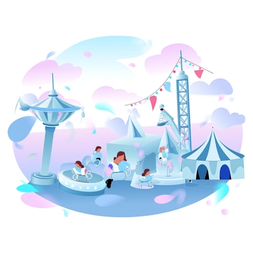 A view of colorful carnival rides spinning near the circus grounds at dusk