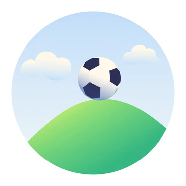 A black and white soccer ball is perfectly balanced on the edge of a grassy hilltop. The hill slopes gently downward, covered in vibrant green grass. In the background, a clear blue sky stretches overhead, with a few fluffy white clouds drifting lazily. The sun casts soft shadows on the hill, highlighting the contours of the landscape. The soccer ball sits precariously in place, with a slight tilt, as if ready to roll down the hill at any moment.