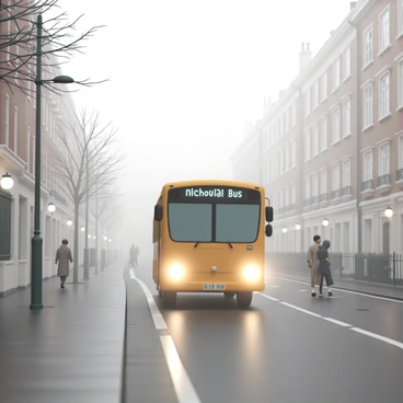 A yellow school bus is driving down a foggy street in London during early morning hours. The bus has its headlights on, cutting through the thick fog, illuminating the path ahead. Surrounding the bus are traditional London buildings with red brick facades and wrought iron railings, partially obscured by the mist. Streetlamps line the road, their soft glow piercing the haze. A few trees with bare branches are visible, and the ground is wet, suggesting recent rainfall. In the background, the silhouettes of pedestrians can be seen, wrapped in coats as they move through the fog.
