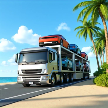 A large car transport truck with a metallic silver finish is driving along a tropical coast. The truck has multiple levels, each loaded with various cars, including a bright red sports car and a blue SUV. Tall palm trees line the road, their green fronds swaying gently in the breeze. The ocean is visible to one side, with waves gently lapping at the sandy shore, reflecting the vibrant blue sky dotted with a few fluffy white clouds.