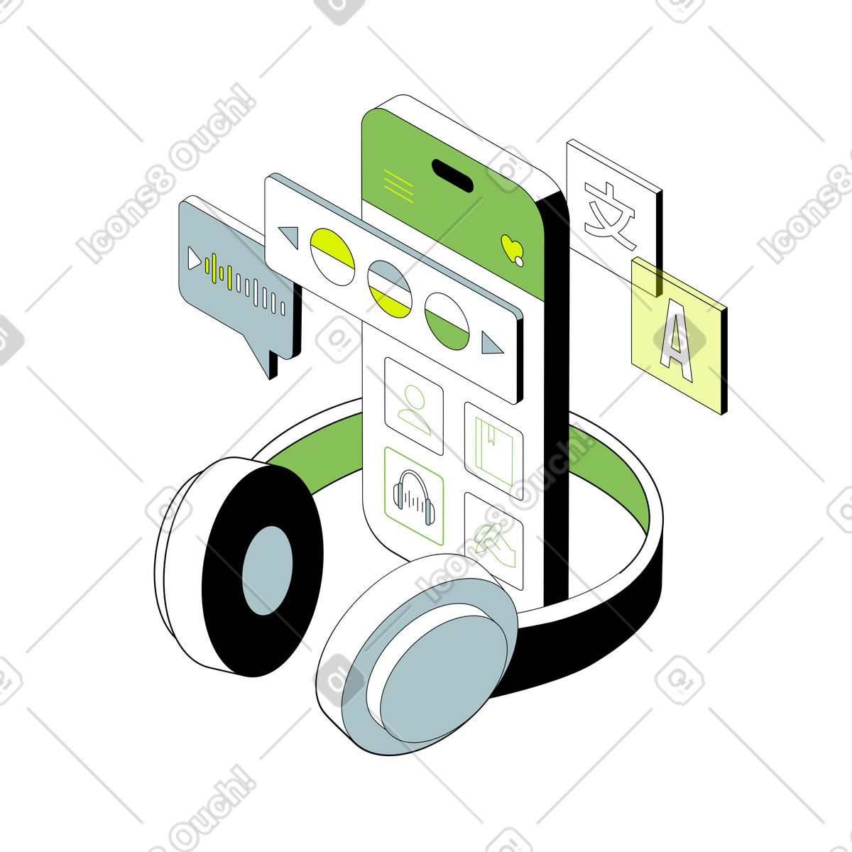 Language learning app on smartphone screen illustration in Isometric style download in PNG, SVG