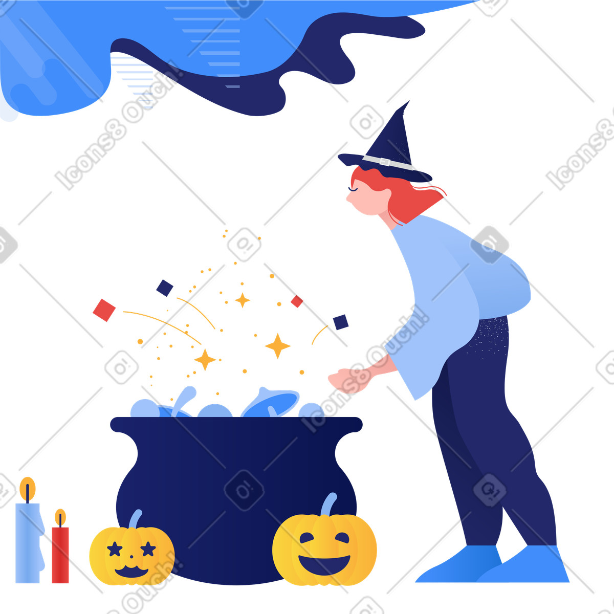 Illustration Sorcière préparant une potion dans un chaudron le style Clip à télécharger aux formats PNG, SVG