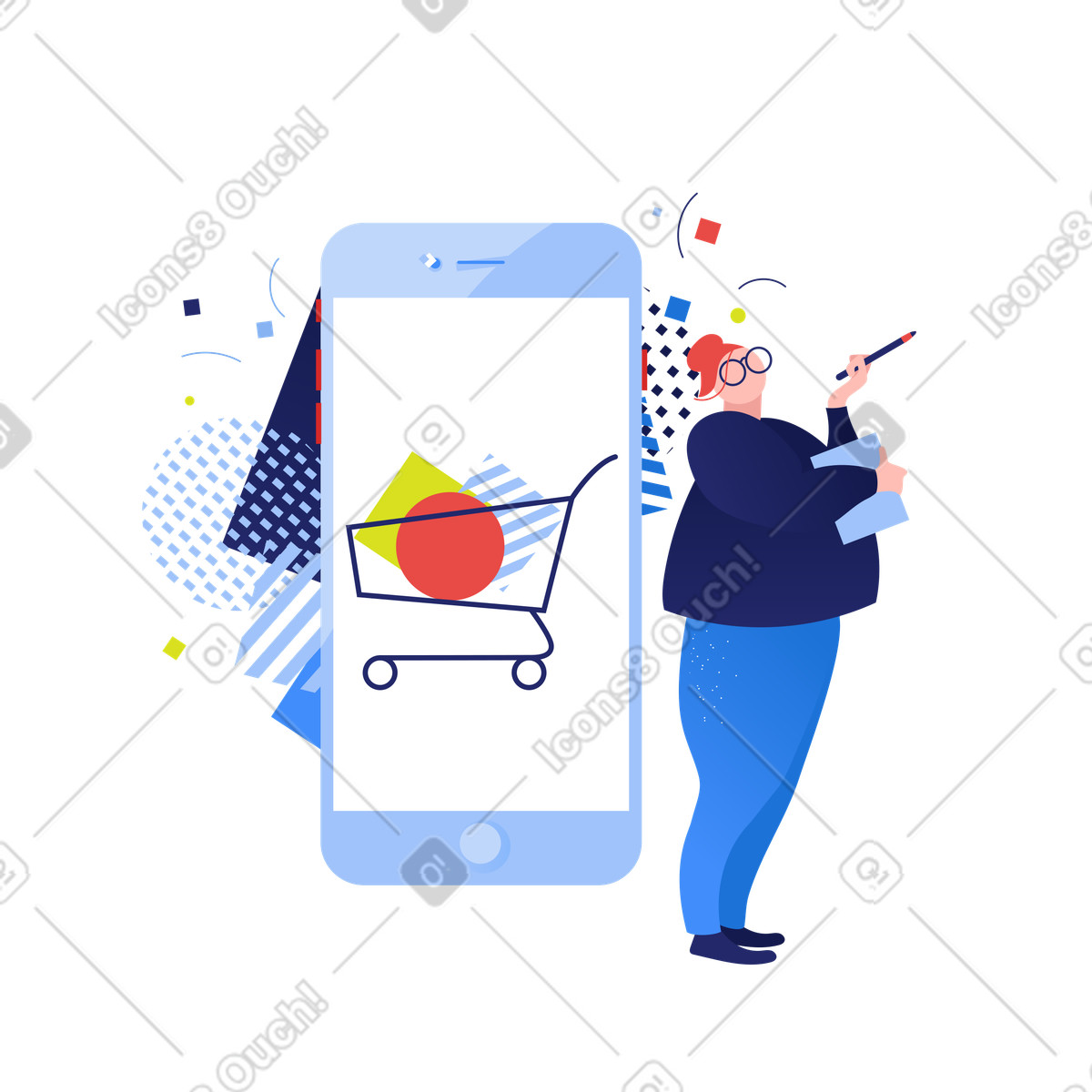 Donna che fa shopping online con una lista illustrazione in stile Clip scarica in PNG, SVG