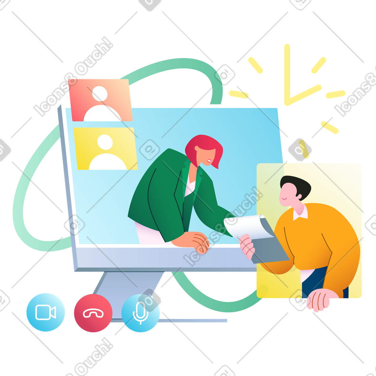 Colleagues at online meeting, Virtual teamwork and remote collaboration animierte Illustration im Colors-Stil als Download in GIF, Lottie (JSON), AE