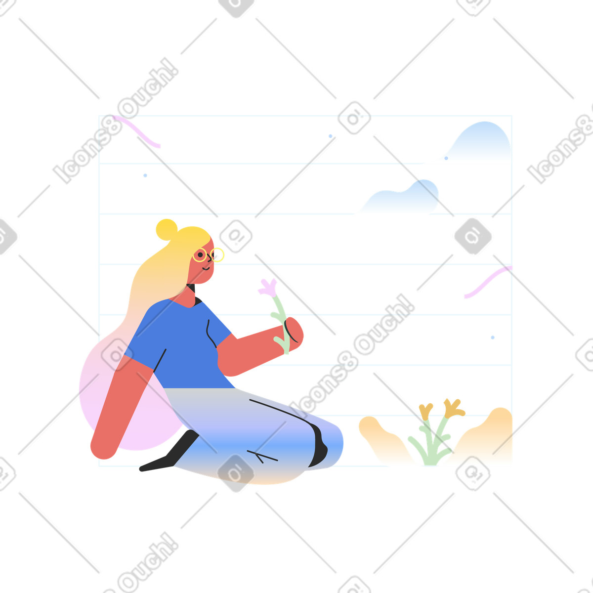 Frau pflückt blumen auf der wiese-Illustration im Marginalia-Stil als Download in PNG, SVG