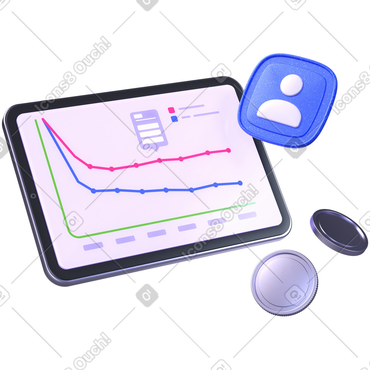 Tablet with retention chart, customer analytics and churn metrics illustration in 3D Boost style download in PNG, SVG