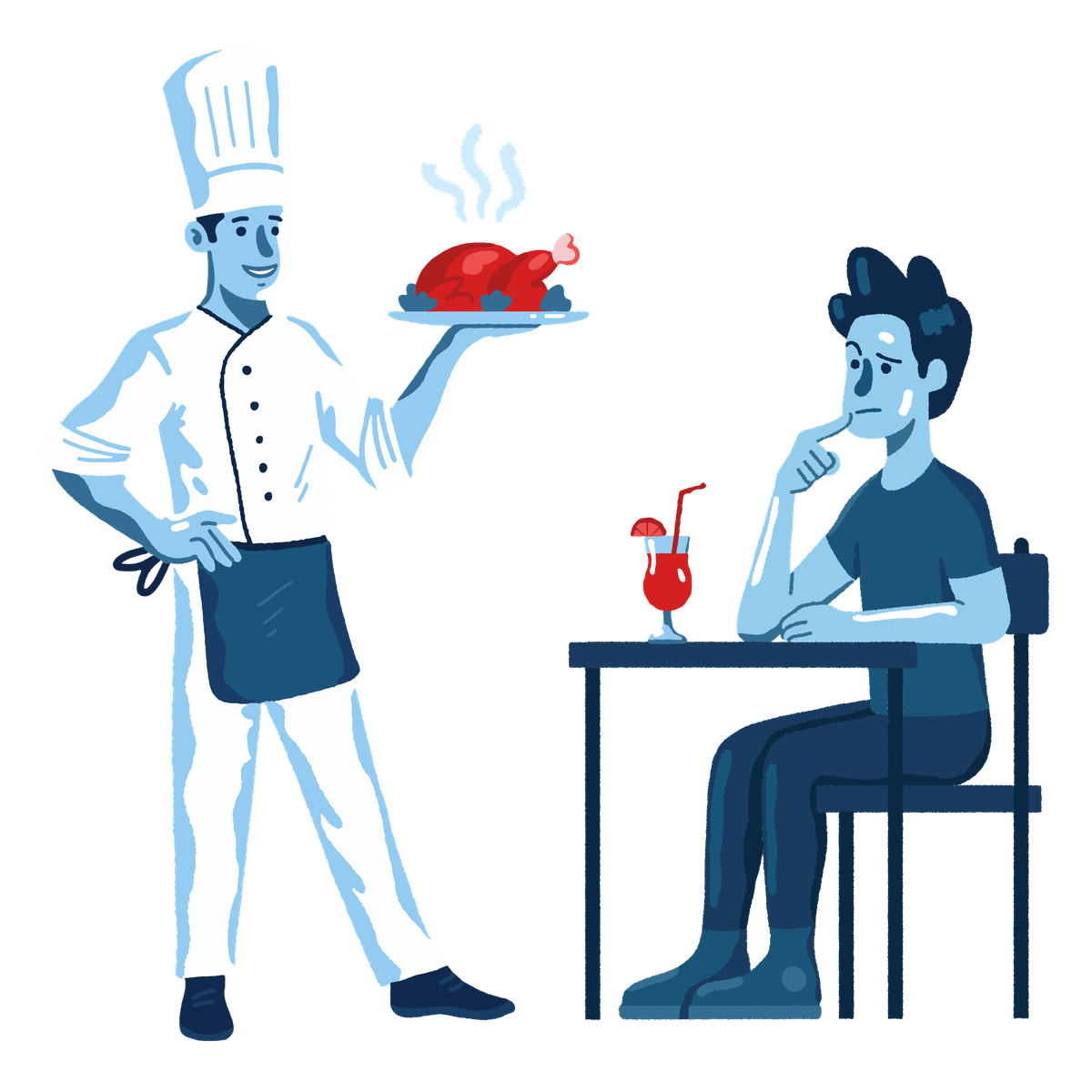Chef che serve pollo arrosto a un cliente esigente illustrazione in stile Cherry scarica in PNG, SVG