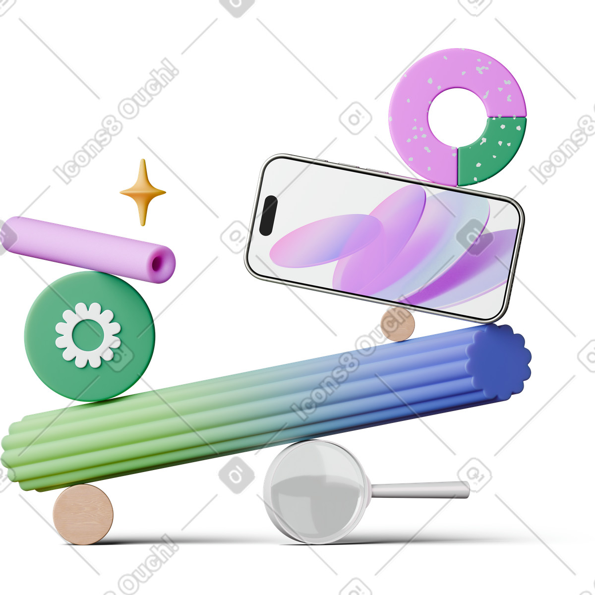 Front view of magnifying glass and smartphone standing on abstract figures illustration in 3D Hygge style download in PNG, SVG