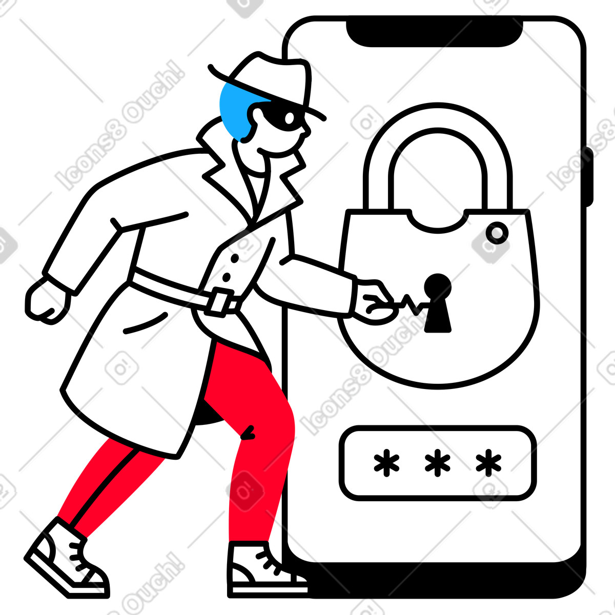 Einbrecher knackt das schloss auf einem smartphone-Illustration im Transistor-Stil als Download in PNG, SVG