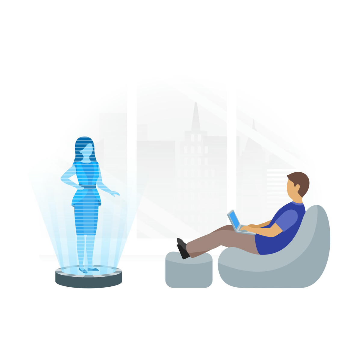 下载 Fogg 风格的 User interacting with holographic assistant, Virtual support and guidance 插画，支持 PNG、SVG 格式