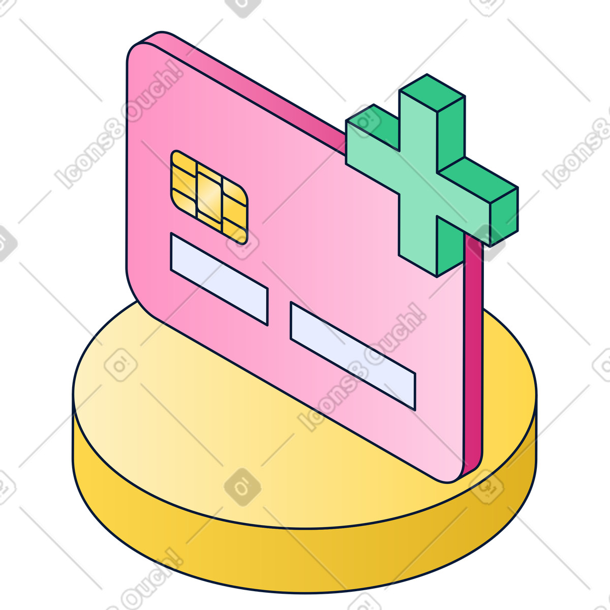 Bank card with add symbol on pedestal, payment method setup illustration in Neat style download in PNG, SVG