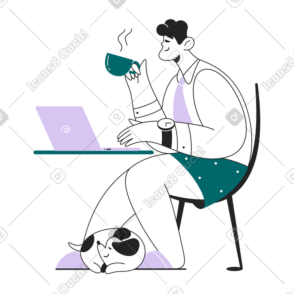 Remote employee with mug and laptop at desk, Work from home lifestyle animated illustration in Sammy Line style download in GIF, Lottie (JSON), AE