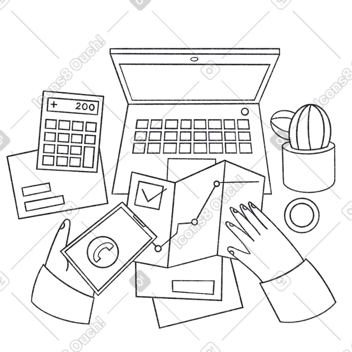 Uomo con laptop che lavora in ufficio cactus sul tavolo illustrazione stile Bonbon Line scarica PNG, SVG