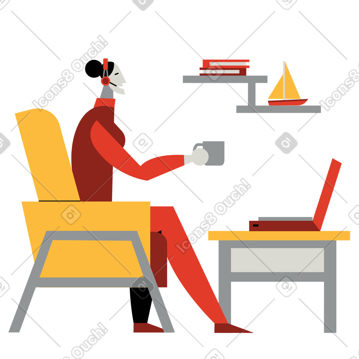 Woman at an online work meeting illustration in Burgundy style download in PNG, SVG