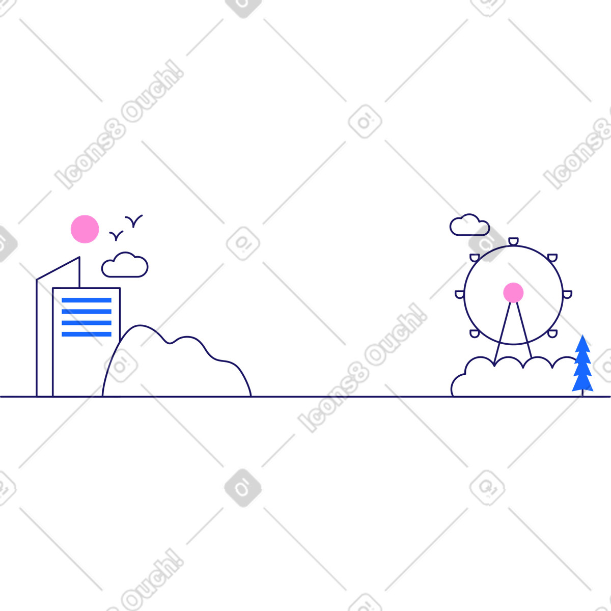 Иллюстрация Город с колесом обозрения на горизонте в стиле Matey — скачать в форматах PNG, SVG