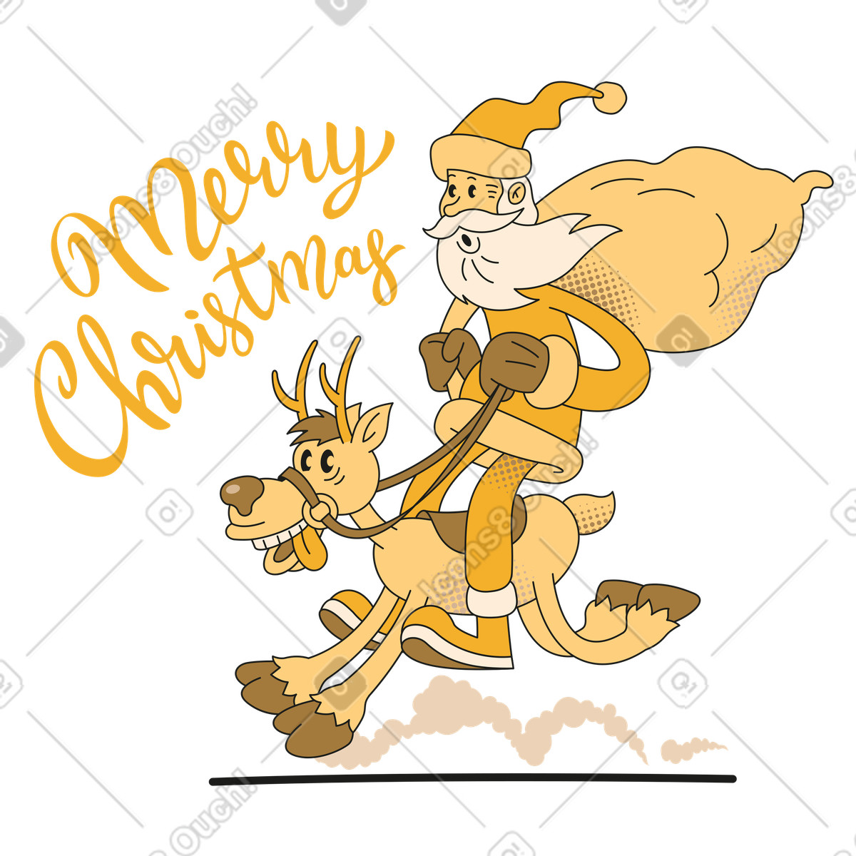 Santa Claus riding reindeer with gift sack, Merry Christmas greeting illustration in Rubber style download in PNG, SVG