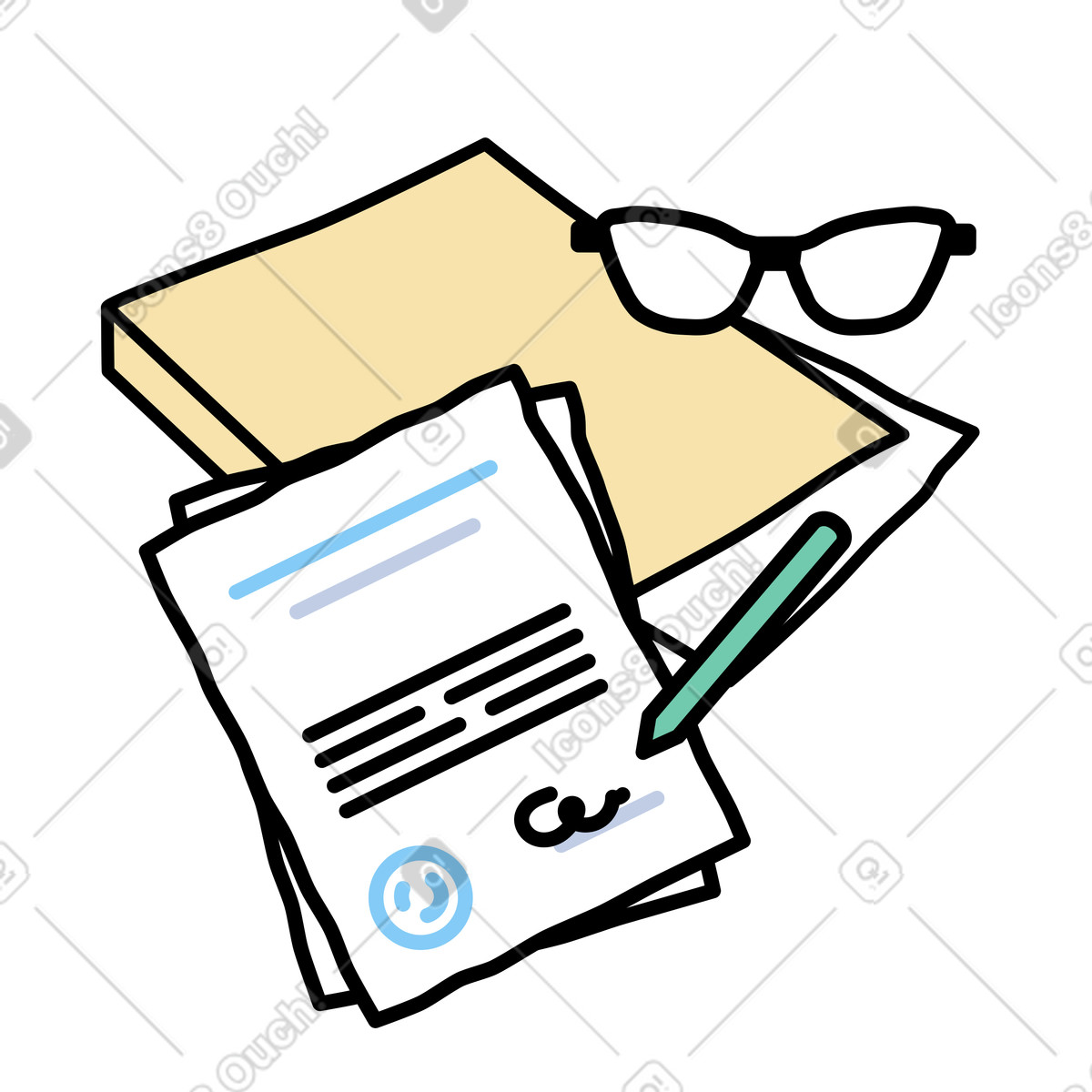 Signed documents, folder and glasses illustration in Notes style download in PNG, SVG