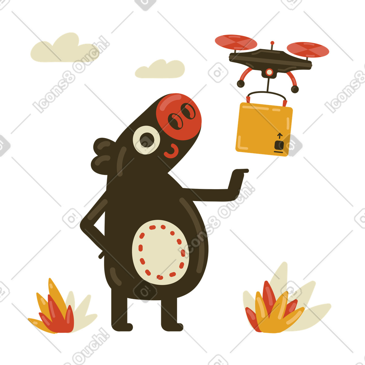 Drone delivering cardboard box to a pig illustration in PNG, SVG