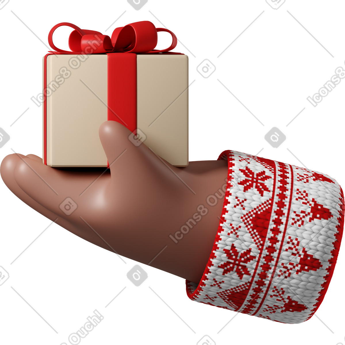3D Hands Fun&Wild スタイルの ギフト用の箱を持ったクリスマス柄の白いセーターを着た茶色の肌の手 のイラストをPNG、SVG形式でダウンロード