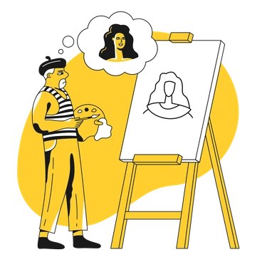 An artist painting a portrait on an easel - Taxi style illustration
