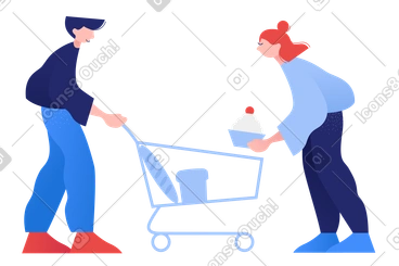 Couple putting groceries in shopping cart PNG, SVG